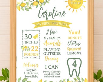 Lemon 1st Birthday Milestone Board, Citrus Party Decor (Editable, Instant Download)