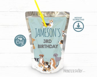 It's a Paw-ty! Puppy Adoption Birthday Drink Pouch Label, Pet Adoption Party, Dog Party Drink Pouch Label, Editable Puppy Dog Drink Label