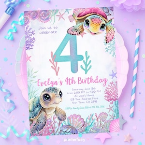 Sea Turtle 4th Birthday Invitation, Under the Sea Editable Party Invite Template, Turtley Awesome Birthday, Instant Download