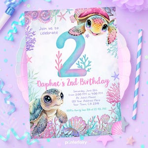 Sea Turtle 2nd Birthday Invitation, Under the Sea Editable Party Invite Template, Turtley Awesome Birthday, Instant Download