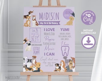 Puppy Adoption First Birthday Board, Pet Adoption Party, It's a Paw-ty! Dog Party Milestones Chart, Editable Puppy Dog Birthday, Lets Pawty!