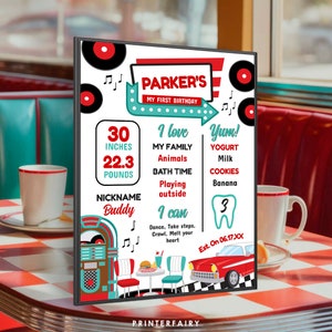 Diner Birthday Board, Fifties American Diner Birthday Stats Sign, Sock Hop Decorations, Midcentury Sign, 1950&#39;s Soda Shop, 50&#39;s Theme Party