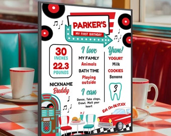 Diner Birthday Board, Fifties American Diner Birthday Stats Sign, Sock Hop Decorations, Midcentury Sign, 1950's Soda Shop, 50's Theme Party