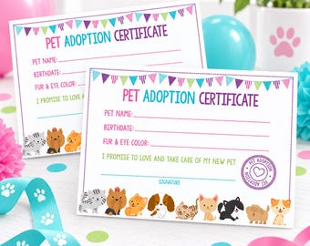 Puppy Kitty Adoption Certificate, Birthday Party Printable (Instant Download)