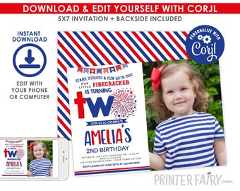 4th of July Invitation, Editable, 2nd Birthday Invitation, Indepence Day Invitation, 4th of July Party, EDIT YOURSELF Digital Invite