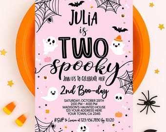 Zwei gruselige Einladung, EDITIERBARE rosa Halloween-Geist 2. Geburtstag einladen, Halloween-Einladung Kinder, Spooktacular Party, INSTANT DOWNLOAD