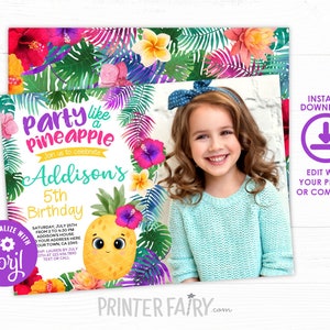 Pineapple Birthday Invitation, Editable, Tropical Party Invitation, Luau Invitation, Summer Party, Pineapple Invite, Instant Download image 1