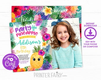Pineapple Birthday Invitation, Editable, Tropical Party Invitation, Luau Invitation, Summer Party, Pineapple Invite, Instant Download