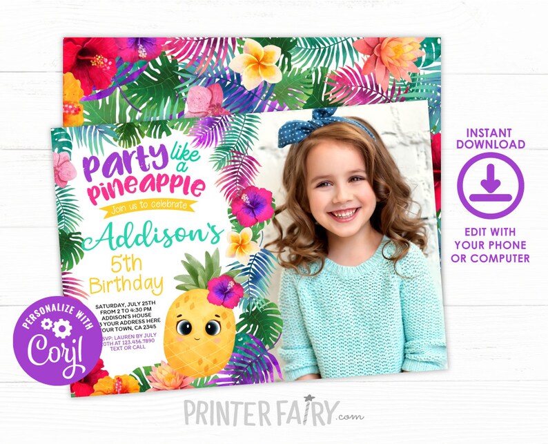Pineapple Birthday Invitation, Editable, Tropical Party Invitation, Luau Invitation, Summer Party, Pineapple Invite, Instant Download image 1