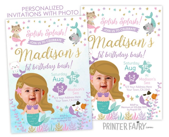 Mermaid and Meowmaids Invitation with Photo, Mermaid Birthday Invitation, Under The Sea, Mercat Invitation, Personalized Printable Invite Il_570xn