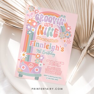 Editable Groovin into nine groovy Invitation 9th Birthday Daisy Invitation 70s Hippie Party Rainbow Invitation Digital Instant Download GR1