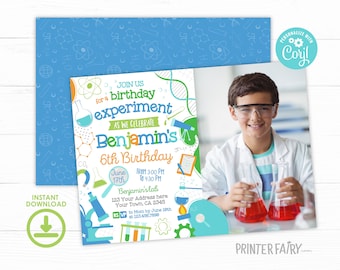 Science Birthday Party Invitation with Photo, EDITABLE, Science Theme Party, Science Invitations, Science Party, Mad, Scientific, Printable