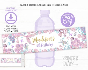 Mermaid Water Bottle Labels, EDITABLE, Under the Sea Birthday Party, Mermaid Birthday Party, Under the Sea labels, INSTANT DOWNLOAD