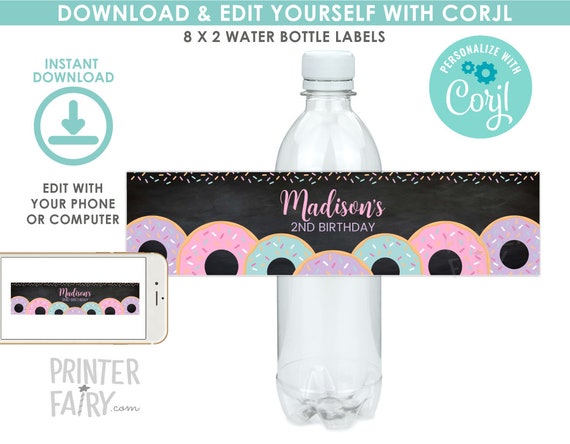Donut Water Bottle Labels, EDITABLE, Donut Birthday Party, Sprinkles Birthday, Donut Birthday Decoration, Water bottle labels, EDIT YOURSELF Il_570xn