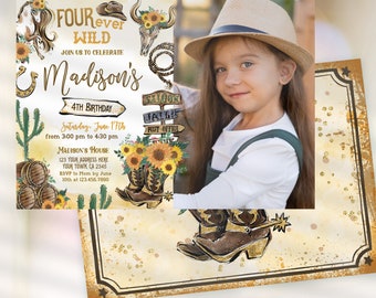 Cowgirl "Four Ever Wild" Birthday Invitation with photo: Wild West Fourth Birthday Party, Horse & Rustic Invite Editable in Corjl