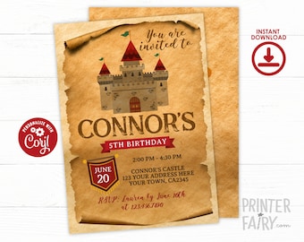 Medieval Castle Birthday Invitation, EDITABLE Castle Invitation, Knight Birthday, Royal Birthday Party, INSTANT DOWNLOAD