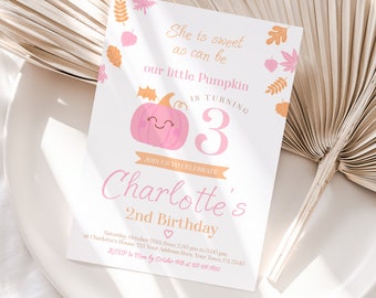 Little Pumpkin Birthday Invitation for any age in light pink and orange