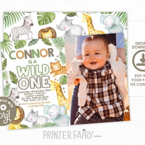 Safari Birthday Invitation, EDITABLE, Wild One Invitation, 1st Birthday Invite, Jungle Animals Party, Digital, Instant Download