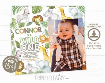 May include: A printable invitation for a first birthday party with a jungle theme. The invitation features a photo of a baby boy, a green, brown, and yellow colour scheme, and the text "Connor is a Wild One".