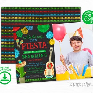 Fiesta Birthday Party Invitation with Photo, Editable Mexican Fiesta Invitation, Fiesta Decorations, Cinco de Mayo Birthday Time Two Siesta