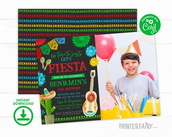 Fiesta Birthday Party Invitation with Photo, Editable Mexican Fiesta Invitation, Fiesta Decorations, Cinco de Mayo Birthday Time Two Siesta