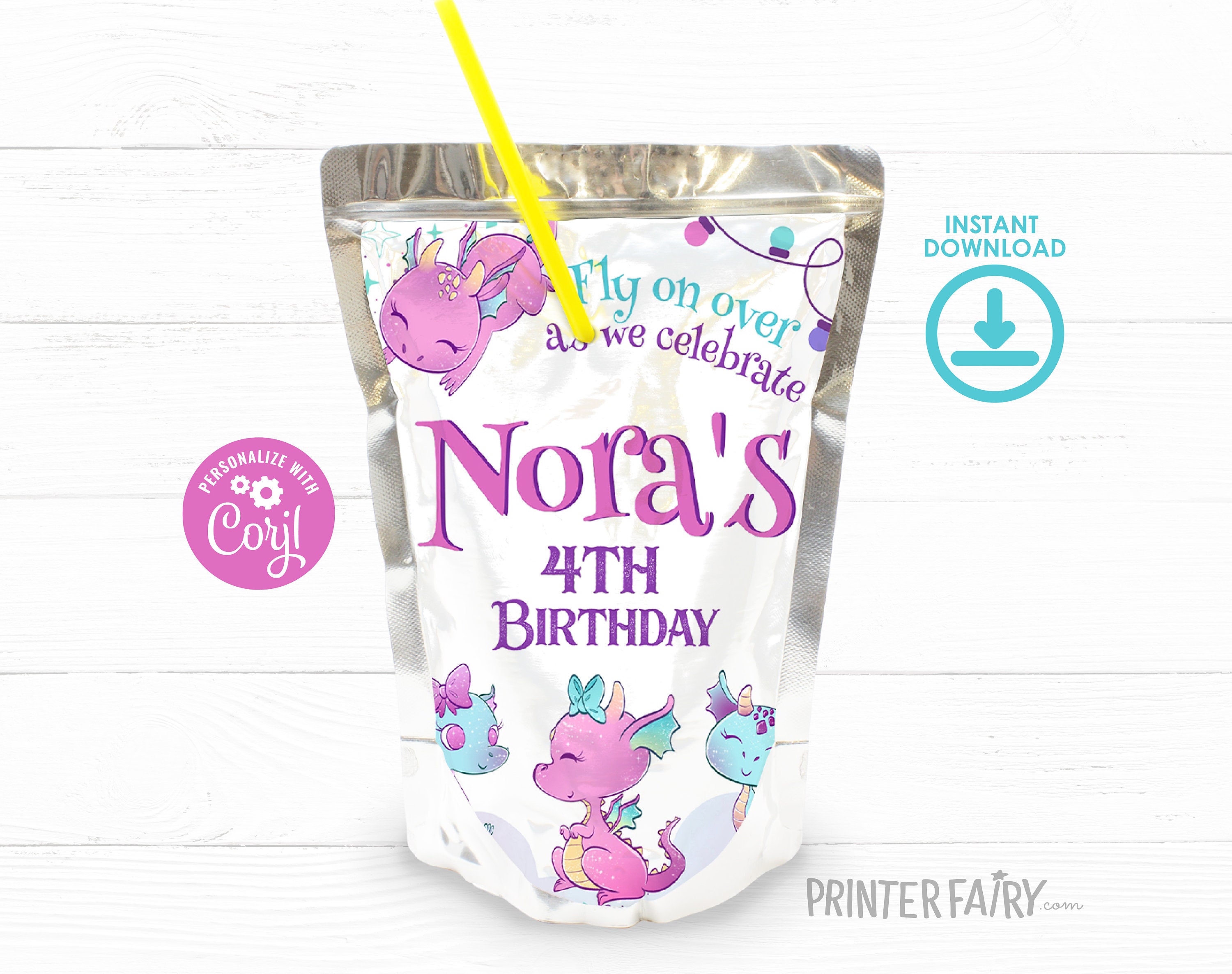 Dragon Birthday Party Drink Pouch Label, Birthday Party Drink Label ...