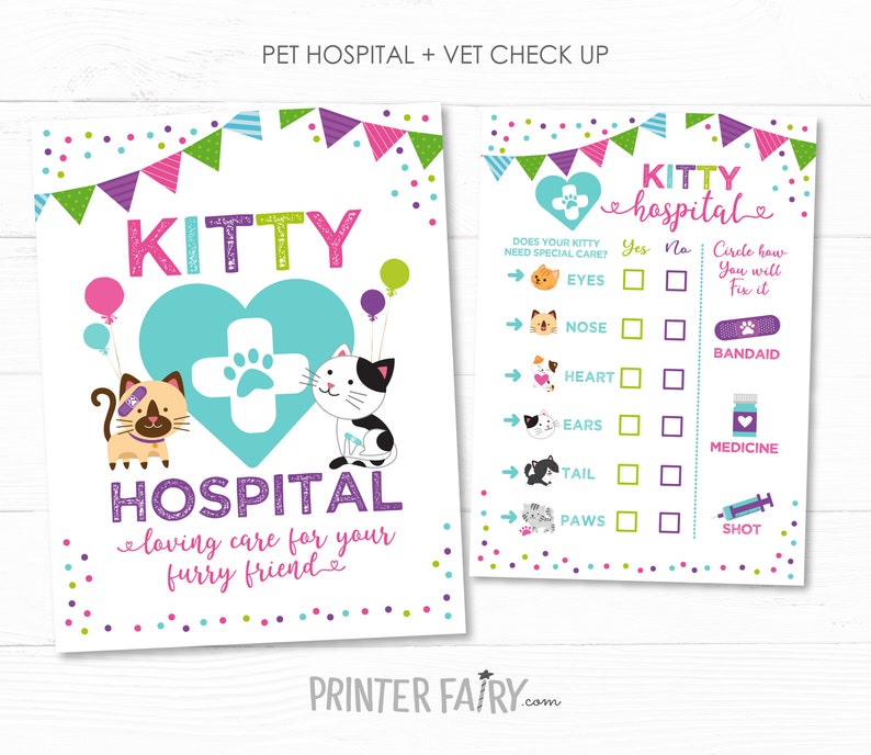 May include: A printable game card for a kitty hospital themed party. The card features a cartoon kitty with a bandage on its head and a heart with a paw print. The card has a checklist with options for different types of care, such as eyes, nose, heart, ears, tail, paws, and a space to circle how you will fix it. The options include bandaid, medicine, and shot.