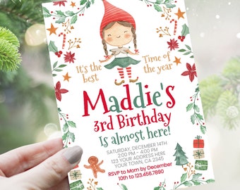 Christmas Birthday Invitation, EDITABLE, Elf Birthday Invitation, Christmas Party, Elf Girl Invitation, DIGITAL, Instant Download