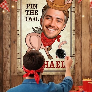 May include: A "Pin the Tail" party game featuring a cartoon donkey with a cowboy hat and a smiling face. A person wearing a red bandana attempts to place the tail. The game is set against a wooden background with decorative elements.