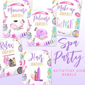 May include: A set of printable signs for a spa party. The signs are decorated with watercolor illustrations of spa items, such as nail polish, flowers, and towels. The signs read "Manicure Station", "Pedicure Station", "Make Up Station", "Relax Station", and "Hair Station".