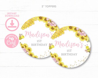 Bee Toppers, Editable Toppers, Honey Bee Birthday, Bee Birthday, Sunflower Bee, Beeday, Sunflower Tags, Thank You Tag, Instant Download