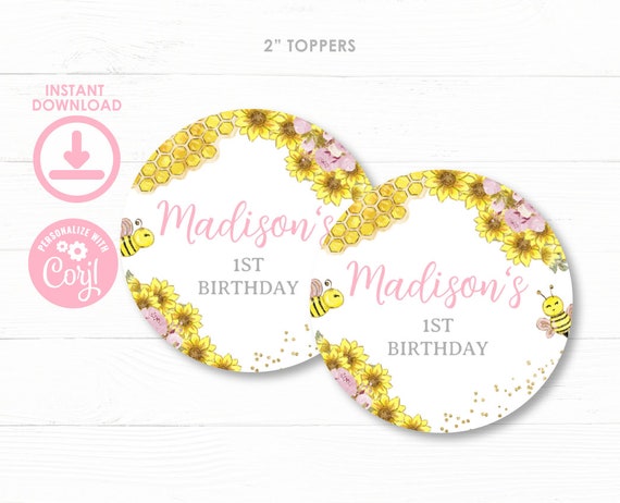 Bee Toppers, Editable Toppers, Honey Bee Birthday, Bee Birthday, Sunflower Bee, Beeday, Sunflower Tags, Thank You Tag, Instant Download Il_570xn