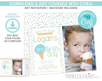 Ice Cream Birthday Invitation with photo, Boy Birthday Invitation, Sprinkles Invitation, Ice Cream Party, EDITABLE, Instant Download
