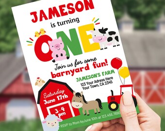 Farm First Birthday Invitation, Editable, Farm Animals Party, Barnyard Birthday Party Invitation Template, Instant Download, Farm Invite