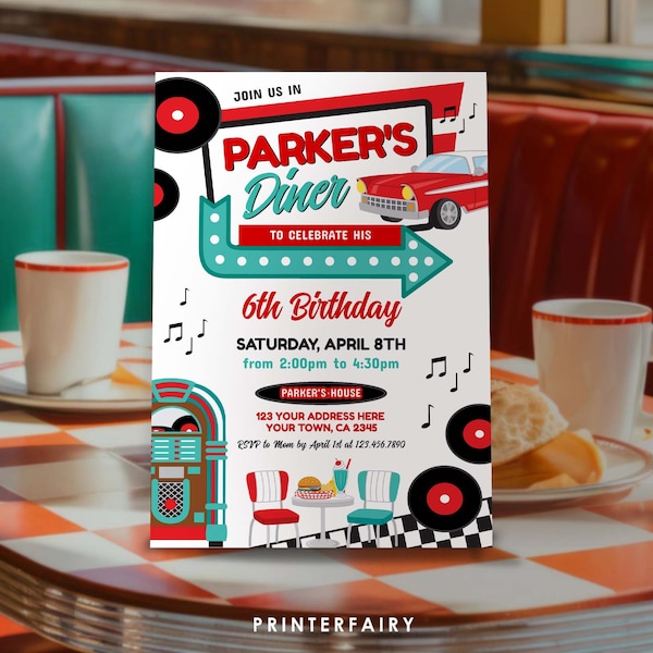 Diner Birthday Party Invitation, Editable, 1950's Party Invite, American Diner Retro Birthday Party Theme, Midcentury, Sock Hop Fifties