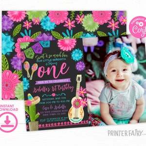 Fiesta First Birthday Party Invitation with Photo, Editable Mexican Fiesta Invitation, Fiesta Decorations, Cinco de Mayo Birthday