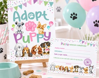 May include: A white sign on a wooden easel reads Adopt a Puppy with colorful illustrations of various puppies and paw prints. Beside it, a Puppy adoption certificate features blank lines for details and a row of puppy illustrations.