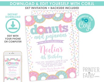 Donuts and Pajamas Birthday Invitation, Donut Invitation, EDITABLE, Pajama Party Birthday Invitation, Donut Party, INSTANT DOWNLOAD