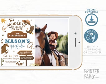 Rodeo First Birthday Invitation with Photo, EDITABLE, Cowboy Birthday Party Invitation, Saddle Up and Gallop, Wild West Invite, Printable