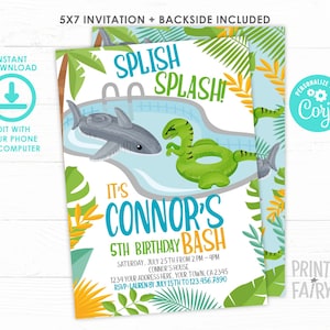 Pool Party Invitation, Pool Float Invite, Dinosaur and Shark Birthday Invitation, EDITABLE, Summer Birthday Party, INSTANT DOWNLOAD image 1