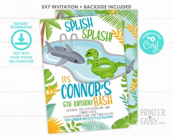 Pool Party Invitation, Pool Float Invite, Dinosaur and Shark Birthday Invitation, EDITABLE, Summer Birthday Party, INSTANT DOWNLOAD