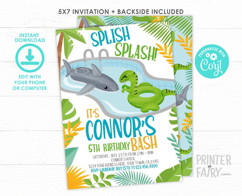 Pool Party Invitation, Pool Float Invite, Dinosaur and Shark Birthday Invitation, EDITABLE, Summer Birthday Party, INSTANT DOWNLOAD image 1