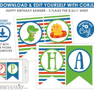 Dinosaur Pool Party Banner, EDITABLE Dinosaur Banner, Pool Party Birthday Decorations, Summer Party, INSTANT DOWNLOAD