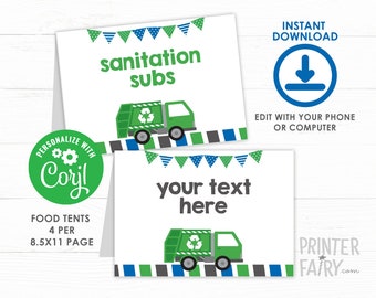 Trash Truck Food tents, EDITABLE, Garbage Truck Birthday Party, Recycle party, Garbage truck Food Cards, Birthday Decor, INSTANT DOWNLOAD