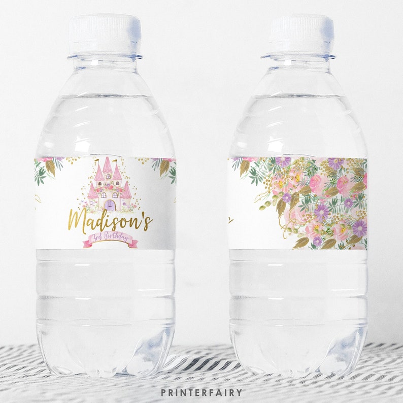 Princess Water Bottle Labels, Editable, Princess Birthday Party, Castle Labels, Princess Decorations, EDIT YOURSELF, Instant Download image 1