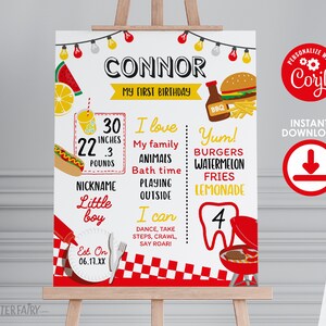 BBQ First Birthday Stats Sign, Editable BBQ Party Decorations, BBQ Birthday Board, BbQ Backyard Printable Sign Board, Milestones Board Sign
