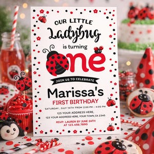 Ladybug First Birthday Invitation, Editable Template (Digital Download) image 1