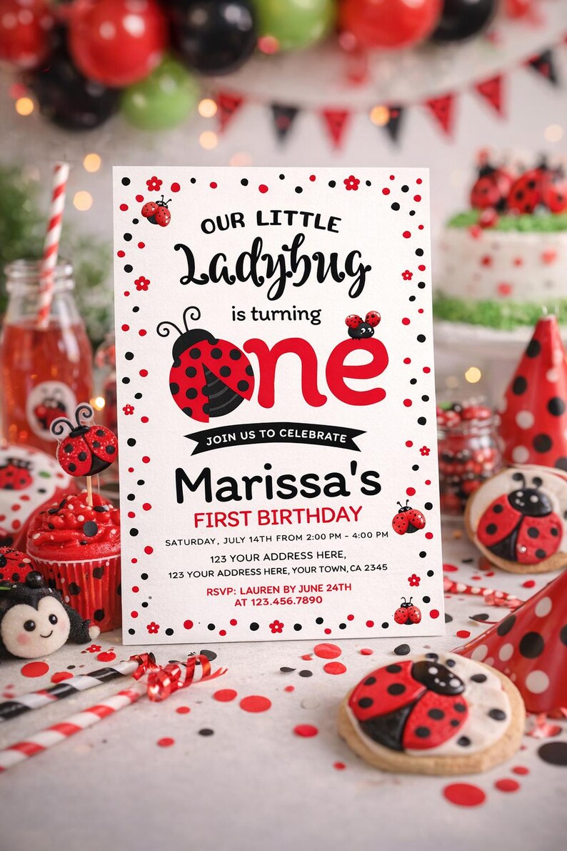 Ladybug First Birthday Invitation, Editable Template (Digital Download) image 1