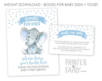 Elephant Books for Baby Ticket + Sign, Elephant Baby Shower, Boy Baby Shower Activities, Jungle Baby Shower, Polkadots, Instant Download