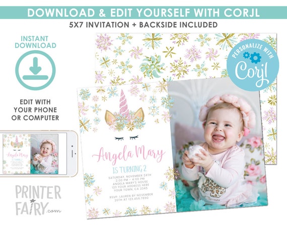 EDITABLE Snowflake Unicorn Birthday Invitation with Photo, Winter Unicorn Birthday Party, Magical Party, EDIT YOURSELF Digital Invite Il_570xn